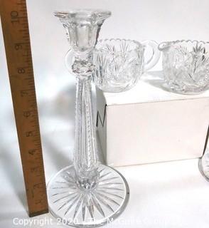 Group of Cut Crystal Items Including Candlesticks , Sugar & Creamer.