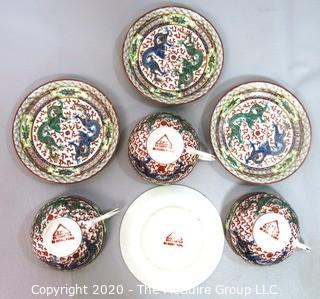 Set of 3 Asian Fine Porcelain Hand Painted Cups & Saucers (one extra saucer)