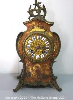 Antique Samuel Marti Et Cie French Mantel Clock Hand Painted in Gilt Case with Brass Footings and Bronze Mechanisms. 