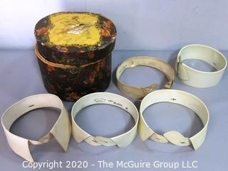 Round Decoupage Box for Collar Stays.  Includes Cardboard Collar Forms.  Damage to Box Lid and Hinge.