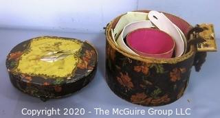 Round Decoupage Box for Collar Stays.  Includes Cardboard Collar Forms.  Damage to Box Lid and Hinge.