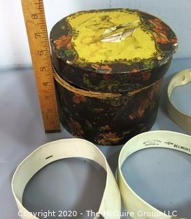 Round Decoupage Box for Collar Stays.  Includes Cardboard Collar Forms.  Damage to Box Lid and Hinge.