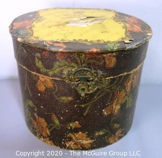 Round Decoupage Box for Collar Stays.  Includes Cardboard Collar Forms.  Damage to Box Lid and Hinge.