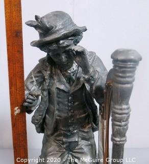 Cast Metal Statue of Boy Playing Harp.  With Repair. Measures Approx 21" x 7"