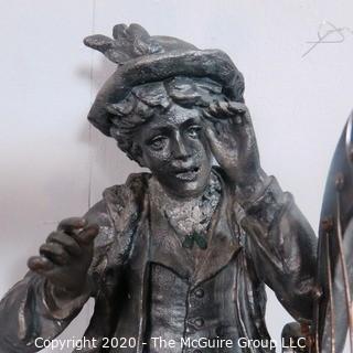 Cast Metal Statue of Boy Playing Harp.  With Repair. Measures Approx 21" x 7"