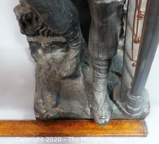 Cast Metal Statue of Boy Playing Harp.  With Repair. Measures Approx 21" x 7"