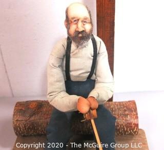 Hand Made Folk Art Craft of Man Fishing on Log, Soft Sculpture