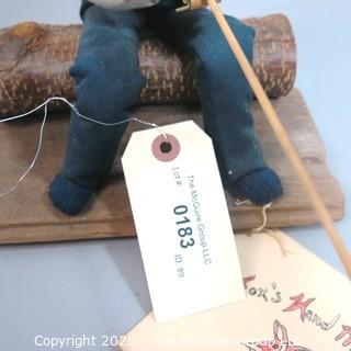 Hand Made Folk Art Craft of Man Fishing on Log, Soft Sculpture