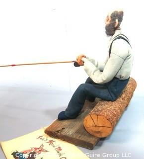 Hand Made Folk Art Craft of Man Fishing on Log, Soft Sculpture