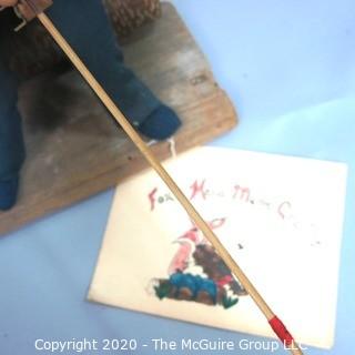 Hand Made Folk Art Craft of Man Fishing on Log, Soft Sculpture