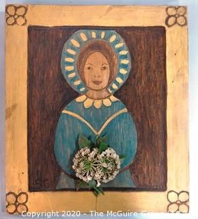 Wood Hand Carved Folk Art Painting.  Three Dimensional.  Signed by Artist.