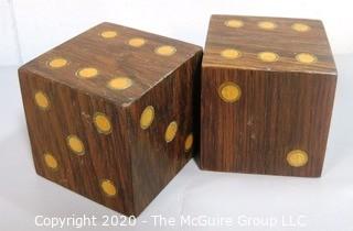 Large Table Top Decorative Dice.  Wood with Brass Inlay.