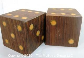 Large Table Top Decorative Dice.  Wood with Brass Inlay.