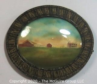 Oval Convex Glass Frame with Faux Paint of Farm Scene