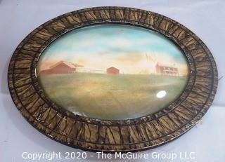 Oval Convex Glass Frame with Faux Paint of Farm Scene