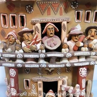 Large Ayacucho Peruvian Ceramic Folk Art Story Building with People. Measures approximately 22" x 13" x 7"