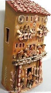 Large Ayacucho Peruvian Ceramic Folk Art Story Building with People. Measures approximately 22" x 13" x 7"