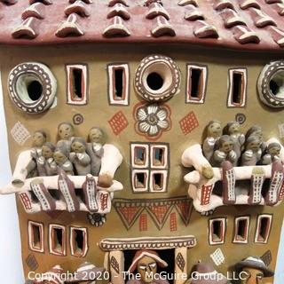 Large Ayacucho Peruvian Ceramic Folk Art Story Building with People. Measures approximately 22" x 13" x 7"