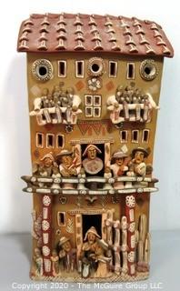 Large Ayacucho Peruvian Ceramic Folk Art Story Building with People. Measures approximately 22" x 13" x 7"