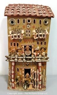 Large Ayacucho Peruvian Ceramic Folk Art Story Building with People. Measures approximately 22" x 13" x 7"