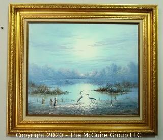 Gilt Framed Oil on Canvas Painting of Herons on Water Signed by Artist and Measures approximately 32" x 28" with Frame