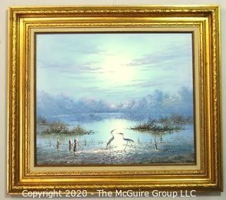 Gilt Framed Oil on Canvas Painting of Herons on Water Signed by Artist and Measures approximately 32" x 28" with Frame