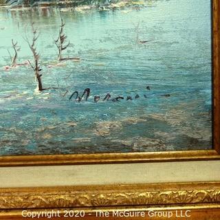 Gilt Framed Oil on Canvas Painting of Herons on Water Signed by Artist and Measures approximately 32" x 28" with Frame