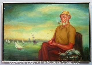 Large Framed Oil on Canvas of Fisherman on Pier, Signed by Artist.  Measures approximately 25" x 36".