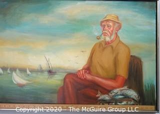 Large Framed Oil on Canvas of Fisherman on Pier, Signed by Artist.  Measures approximately 25" x 36".