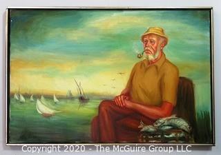 Large Framed Oil on Canvas of Fisherman on Pier, Signed by Artist.  Measures approximately 25" x 36".