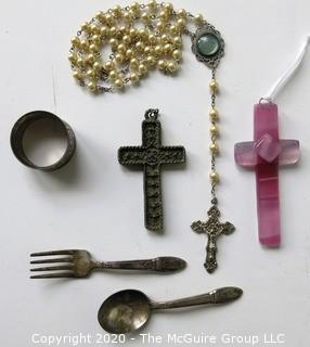 Rosary, Cross Pendants, Child Fork & Spoon & Napkin Ring