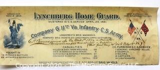 1861 Lynchburg Home Guard Mustered in CS Service Document, Company G 11th Va Infantry CS Army