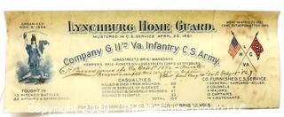 1861 Lynchburg Home Guard Mustered in CS Service Document, Company G 11th Va Infantry CS Army