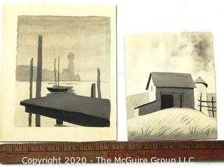 Two Black & White Watercolors on Board of Lighthouse and Dock.  Unsigned.