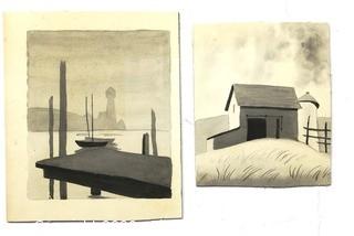 Two Black & White Watercolors on Board of Lighthouse and Dock.  Unsigned.