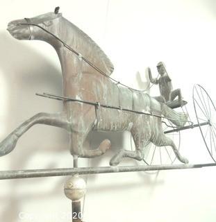 Antique Copper Trotting Horse and Sulky Buggy Weather Vane; 32"W x 45"T