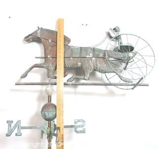 Antique Copper Trotting Horse and Sulky Buggy Weather Vane; 32"W x 45"T