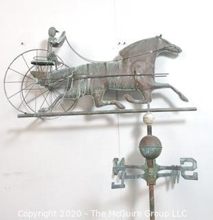 Antique Copper Trotting Horse and Sulky Buggy Weather Vane; 32"W x 45"T