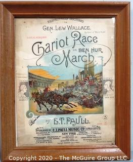 Framed 1894 Antique Color Lithograph E.T.Paull Piano Sheet Music - Chariot Race Or Ben Hur March