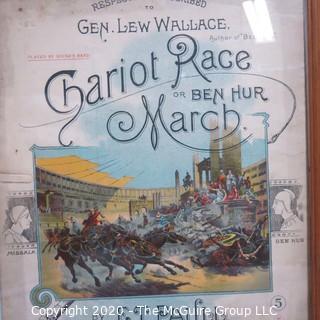 Framed 1894 Antique Color Lithograph E.T.Paull Piano Sheet Music - Chariot Race Or Ben Hur March