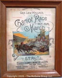 Framed 1894 Antique Color Lithograph E.T.Paull Piano Sheet Music - Chariot Race Or Ben Hur March