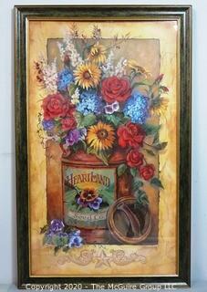 Framed Color Print of Flowers in Seed Bucket.  Measures approximately 39" x 24".