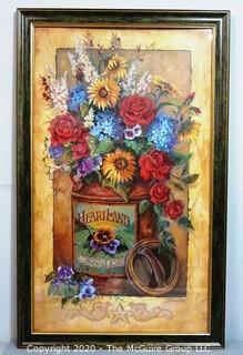 Framed Color Print of Flowers in Seed Bucket.  Measures approximately 39" x 24".