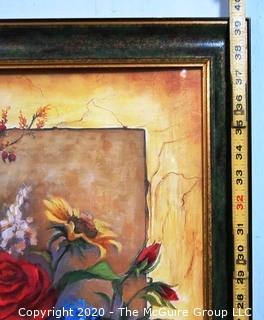 Framed Color Print of Flowers in Seed Bucket.  Measures approximately 39" x 24".