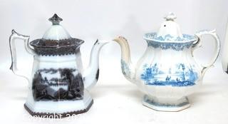 Two Fine Porcelain Transferware Tea or Coffee Pots 