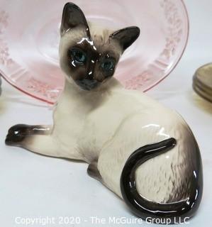 Group of Vintage Hand Painted Porcelain, Depression Era Glass Plates and Bowl and Siamese Cat Figurine by Royal Doulton. 