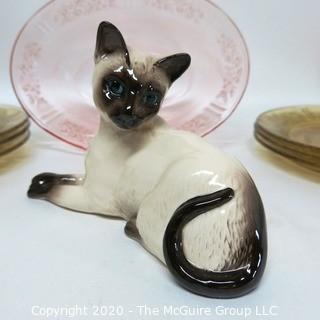 Group of Vintage Hand Painted Porcelain, Depression Era Glass Plates and Bowl and Siamese Cat Figurine by Royal Doulton. 