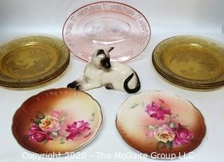 Group of Vintage Hand Painted Porcelain, Depression Era Glass Plates and Bowl and Siamese Cat Figurine by Royal Doulton. 