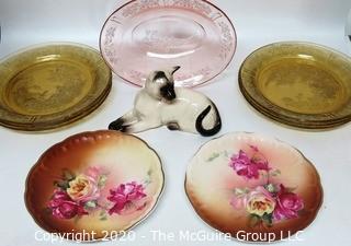 Group of Vintage Hand Painted Porcelain, Depression Era Glass Plates and Bowl and Siamese Cat Figurine by Royal Doulton. 