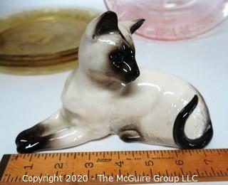 Group of Vintage Hand Painted Porcelain, Depression Era Glass Plates and Bowl and Siamese Cat Figurine by Royal Doulton. 